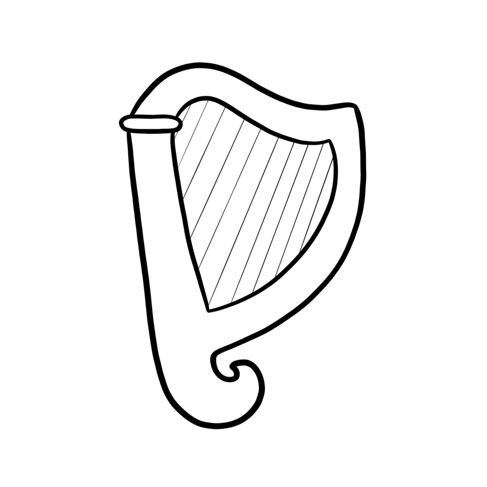 Celtic harp outline illustration, outline illustration with white background with black outline. png