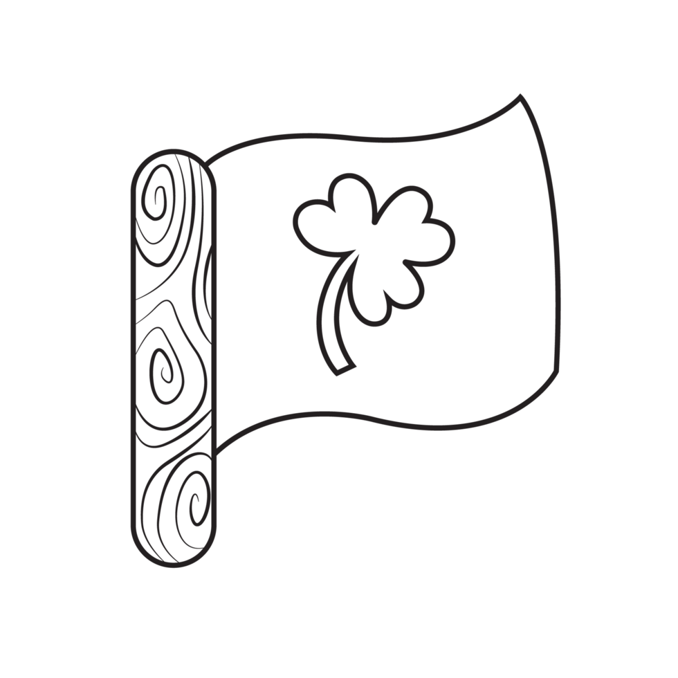 Outline illustration of a flag with a shamrock in the center, attached to a wooden pole, representing the culture, heritage and symbolism of Ireland. The image has a transparent background. png