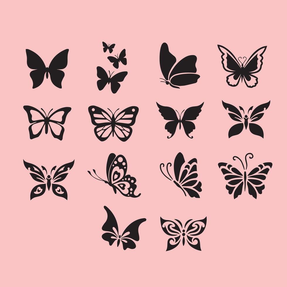 Variety of black butterfly silhouettes for decorative design vector