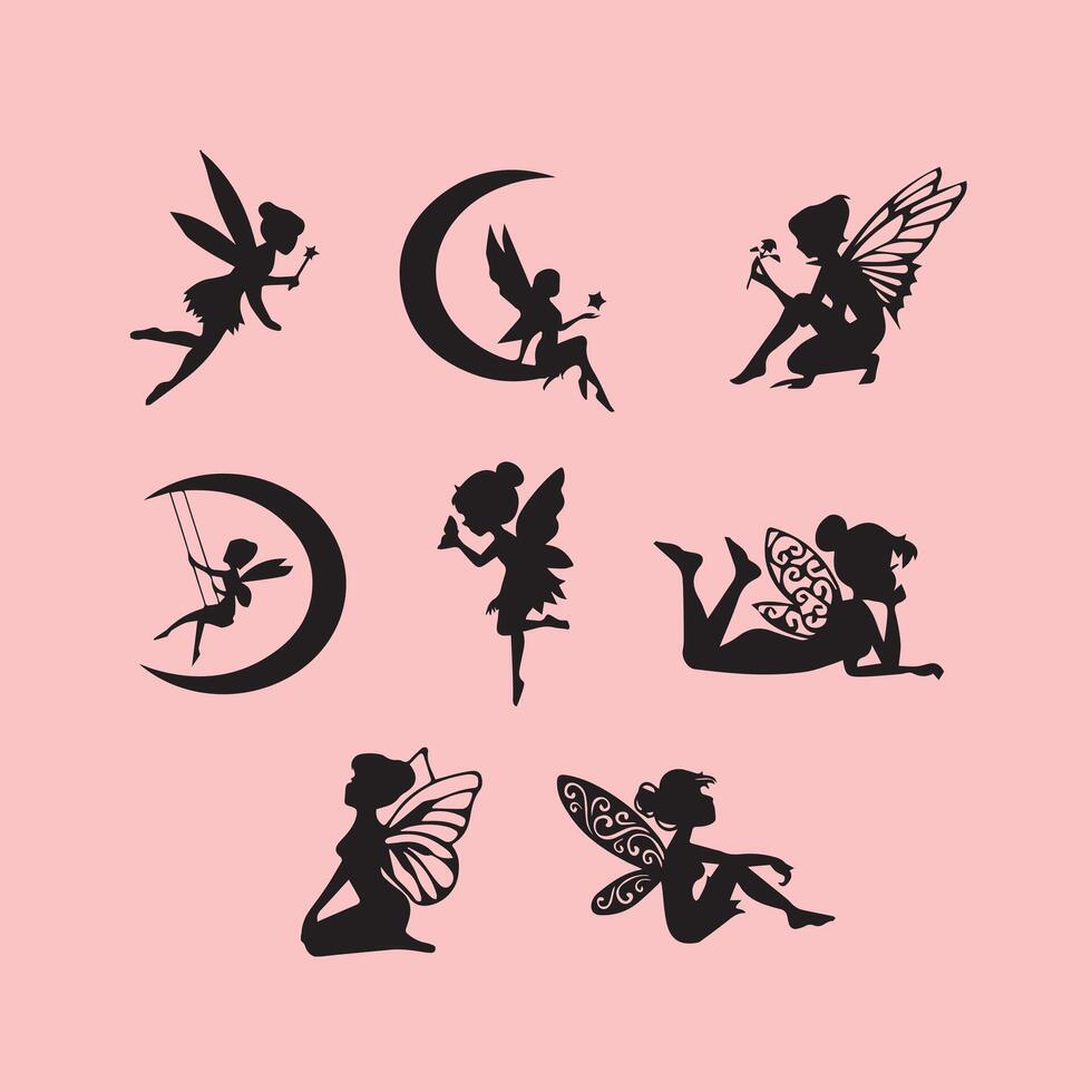 Silhouette fairies engage in a variety of activities vector