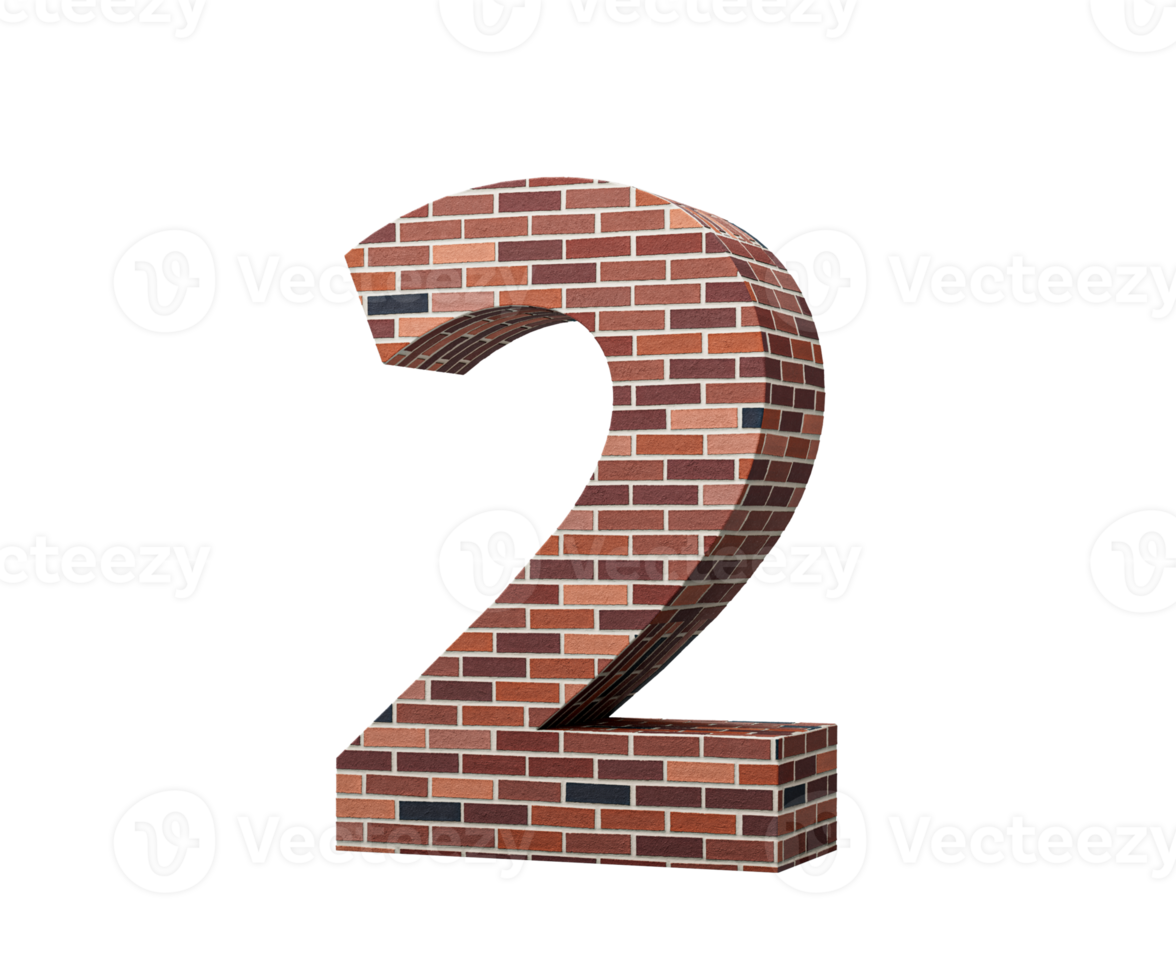 Bricks Wall Number Two 2 Digit Made Of Colored Wall Of Bricks On Background 3D Illustration png