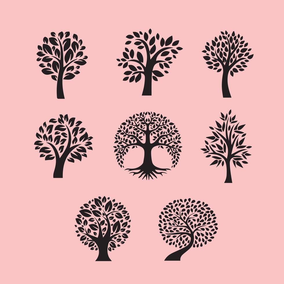 A collection of abstract tree illustrations featuring different shapes and styles of trees vector
