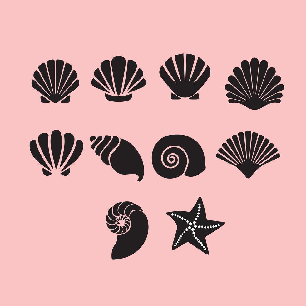 Stylized Black Seashell and Starfish Illustrations vector