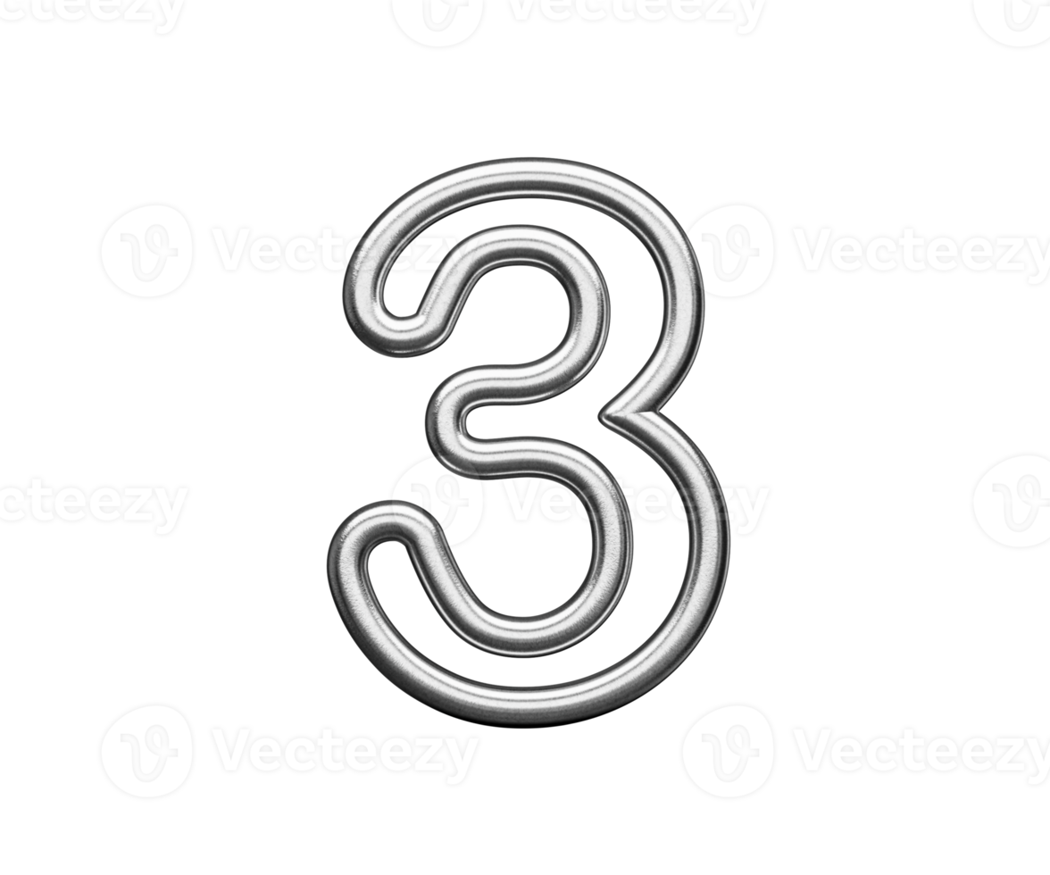 Number Three 3 Made Of Silver Metallic Gleam With Smooth Curves 3D Illustration png