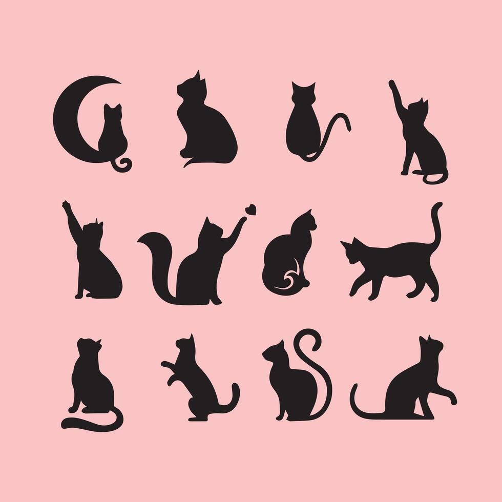 Various silhouettes of cute cats in different poses vector
