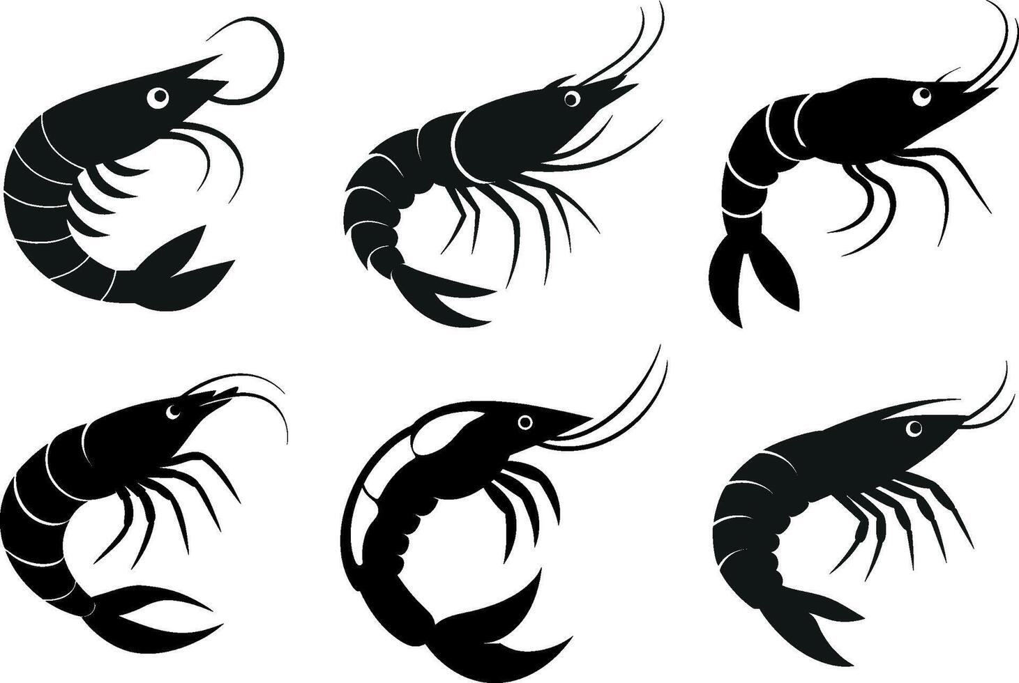 Shrimp, collection of shrimp silhouette art illustration vector