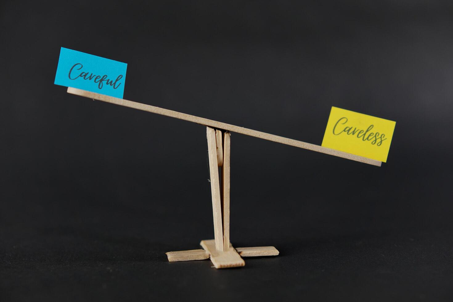 concept of duality using sticky notes with the antonym words Careless - Careful made by hand on a dark background photo