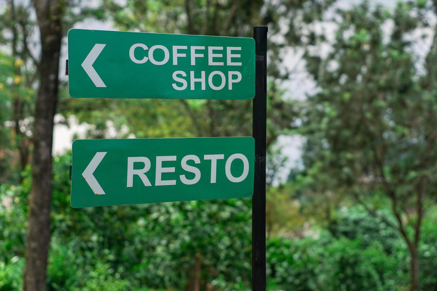 Directional sign showing locations for a coffee shop and a restaurant in a green setting. photo