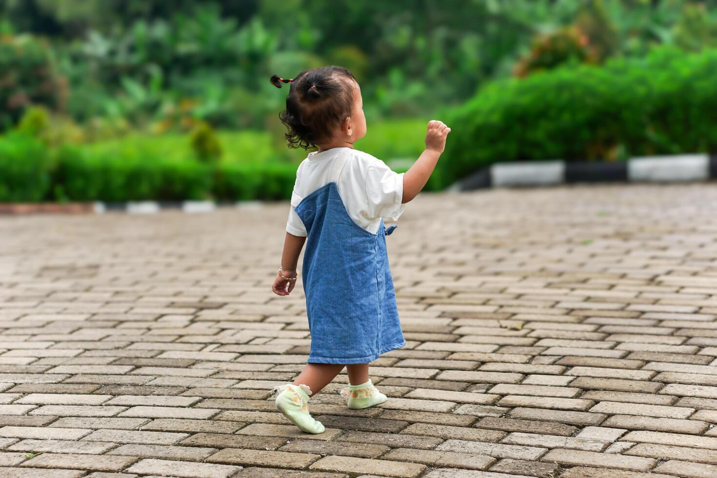 A beautiful Asian little child stands on a stone path surrounded by greenery photo