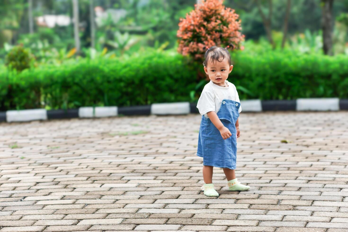 A beautiful Asian little child stands on a stone path surrounded by greenery photo