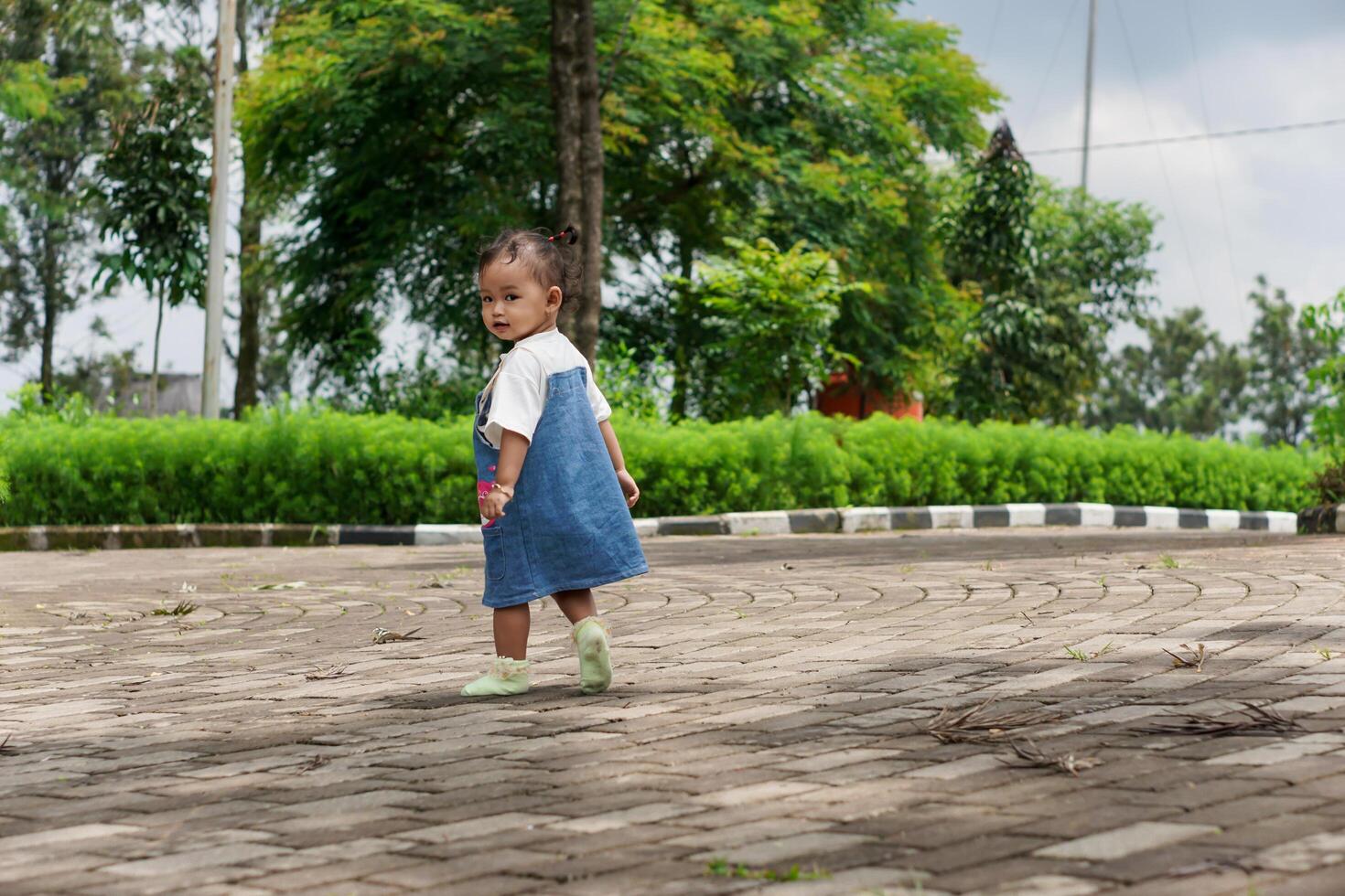 A beautiful Asian little child stands on a stone path surrounded by greenery photo