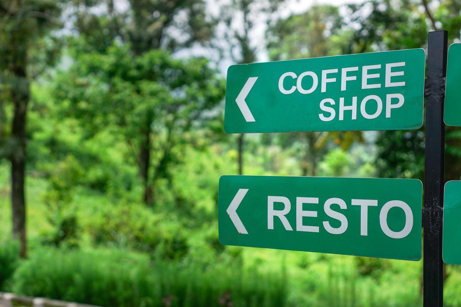 Directional sign showing locations for a coffee shop and a restaurant in a green setting. photo