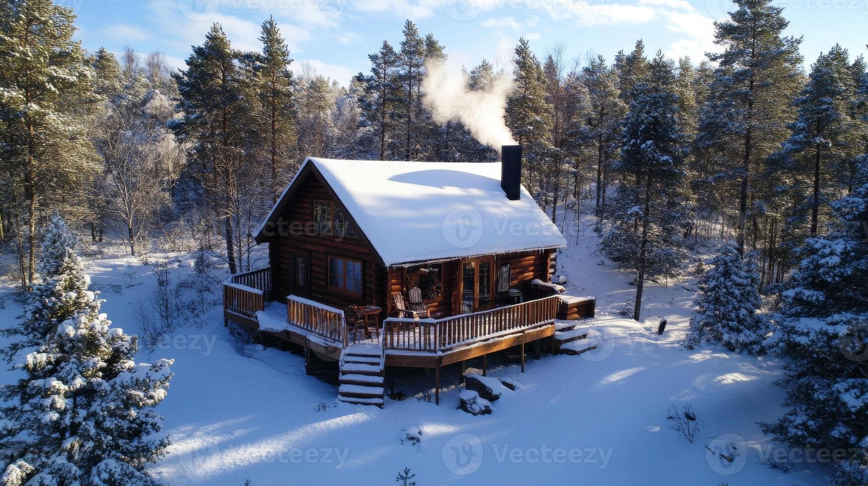 Snowy Log Cabin in the Woods photo