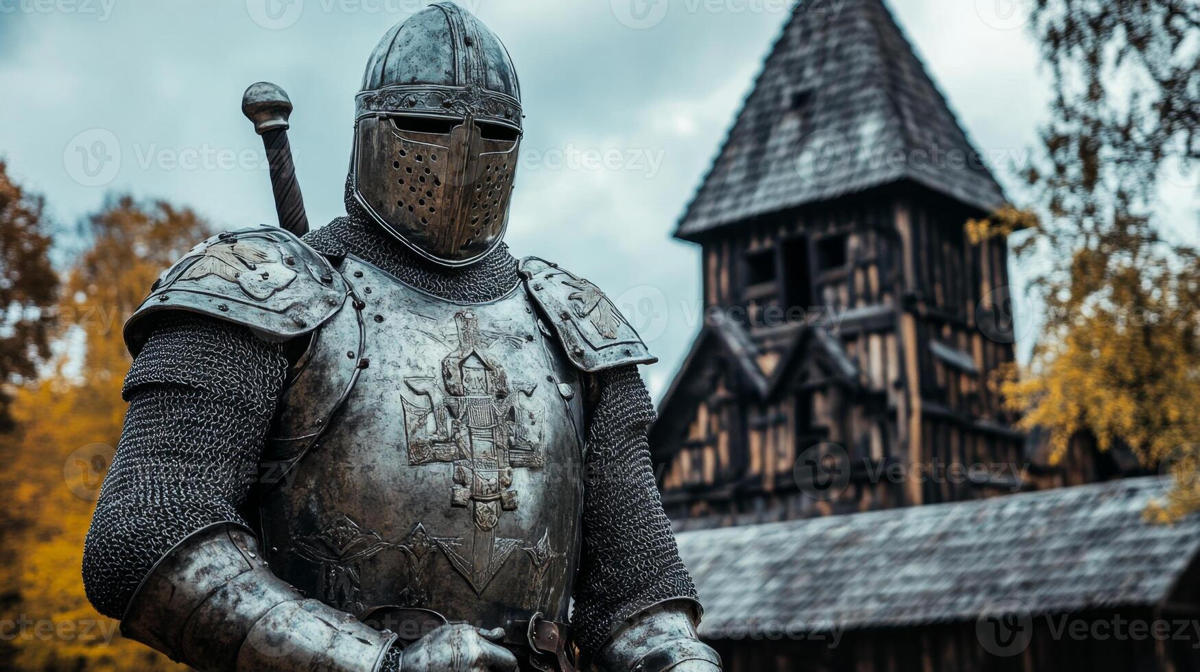 Medieval Knight in Armor by an Ancient Tower photo