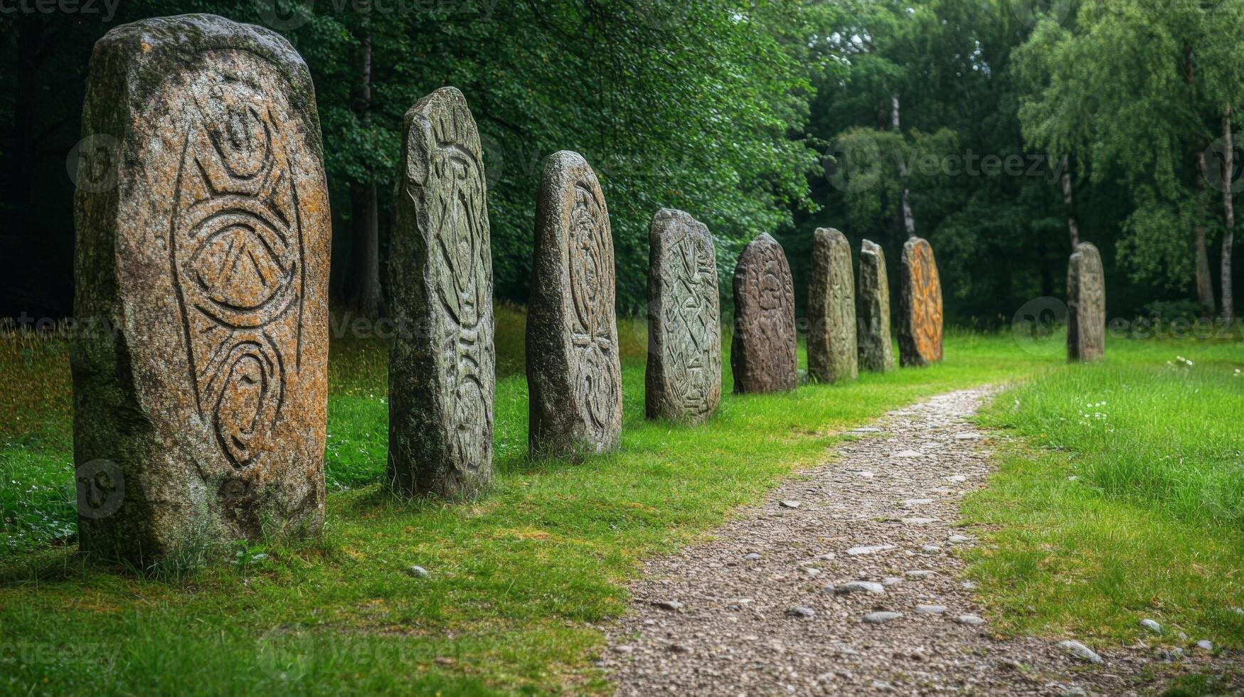 Ancient Carved Stones in a Lush Forest Landscape photo
