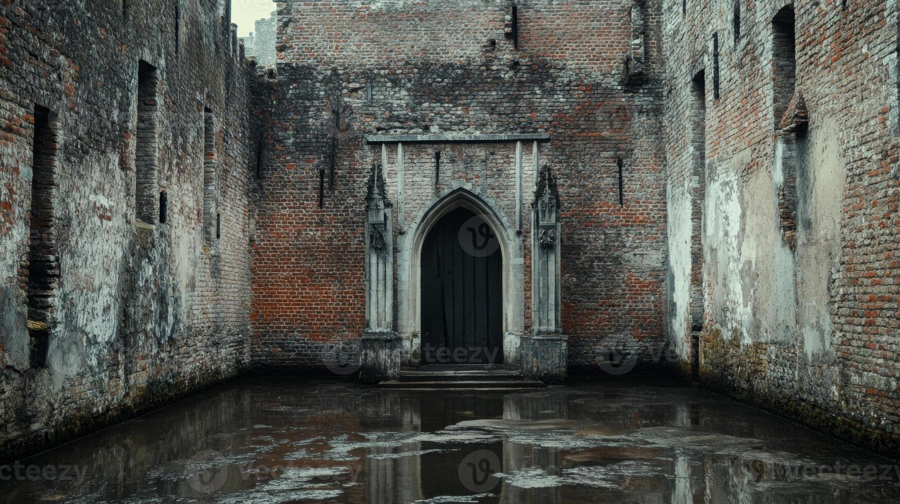 Ancient Brick Castle Ruins with Water Reflection photo