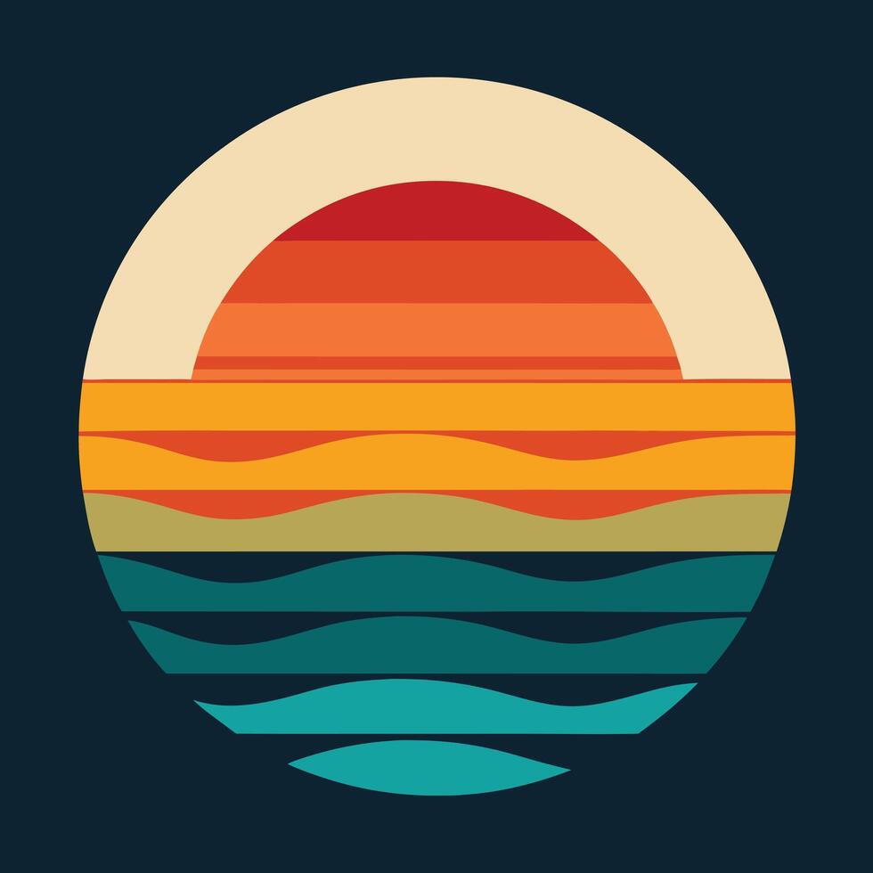 Retro ocean waves with sunset layers above design for creative uses with vibrant retro colors and dynamic styles. vector