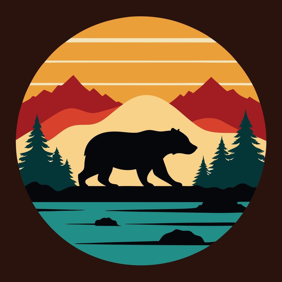 Bear silhouette crossing a retro river scene design for creative uses with vibrant retro colors and dynamic styles. vector