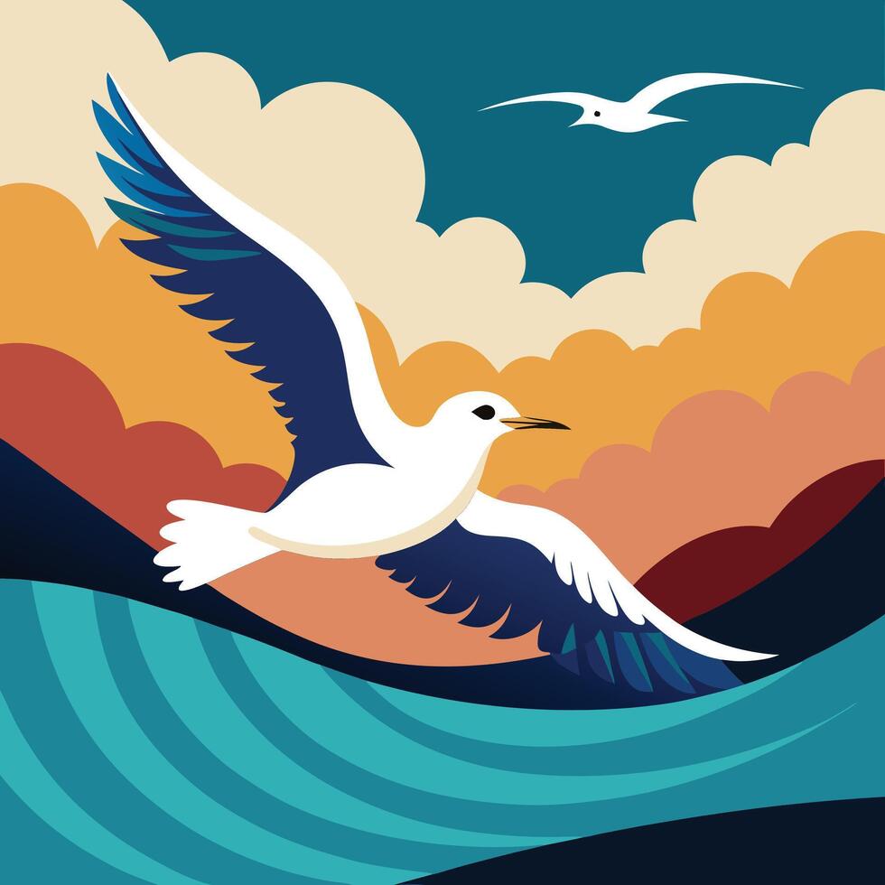 Retro seagull flying above ocean waves design for creative uses with vibrant retro colors and dynamic styles. vector