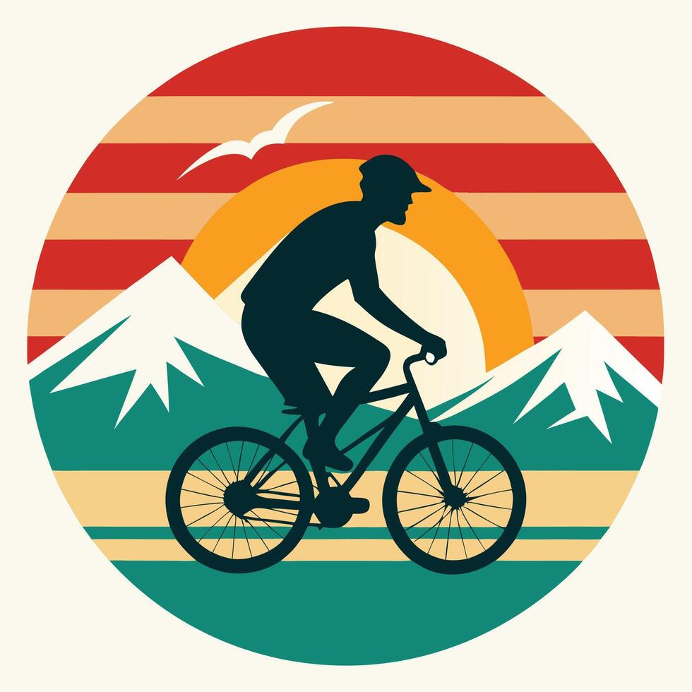 Retro mountain biker silhouette with circular sun design for creative uses with vibrant retro colors and dynamic styles. vector