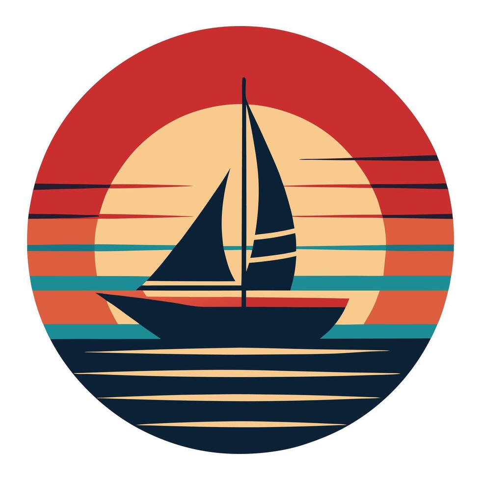 Sailboat silhouette in a retro circular scene design for creative uses with vibrant retro colors and dynamic styles. vector