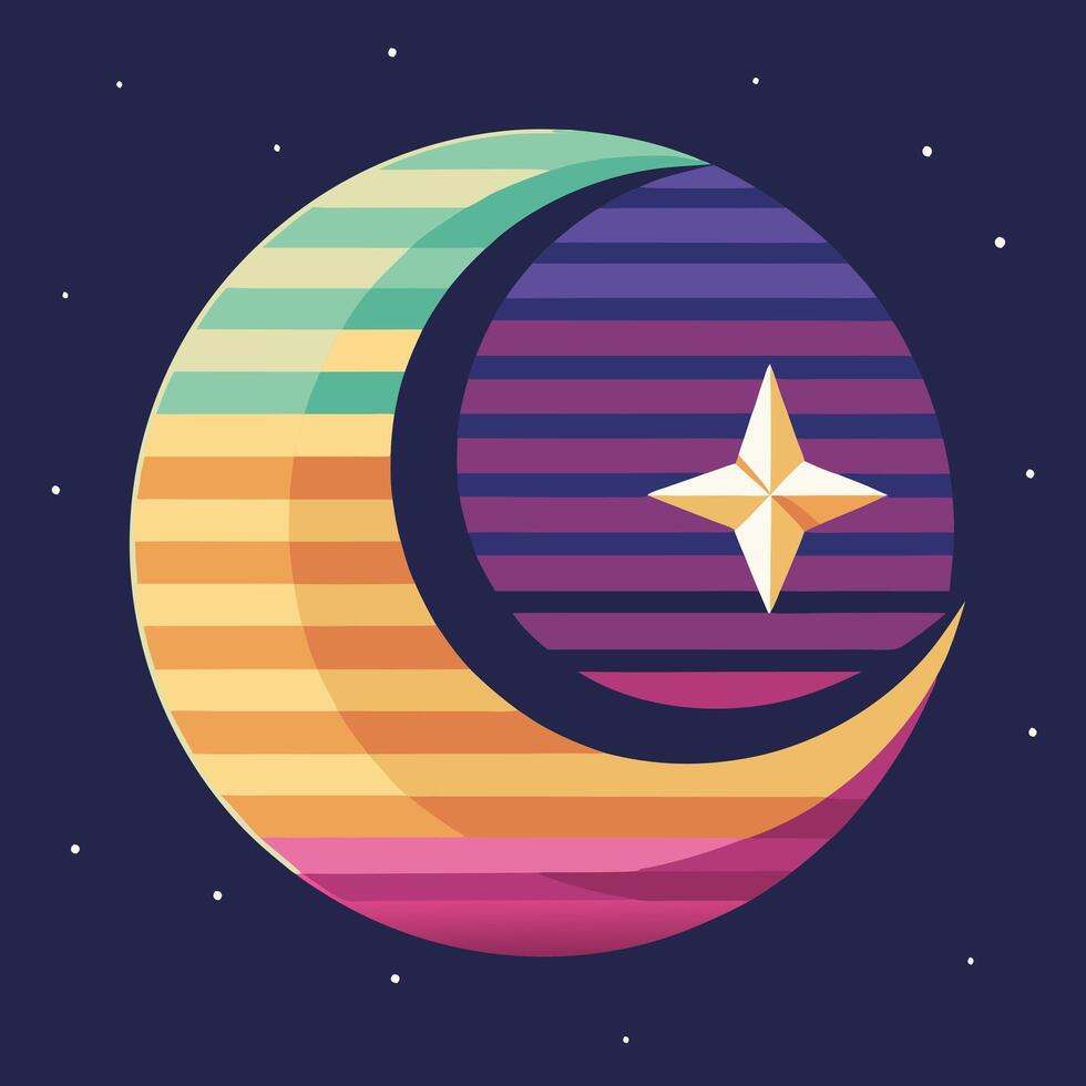 Crescent moon with retro starry night gradient design for creative uses with vibrant retro colors and dynamic styles. vector