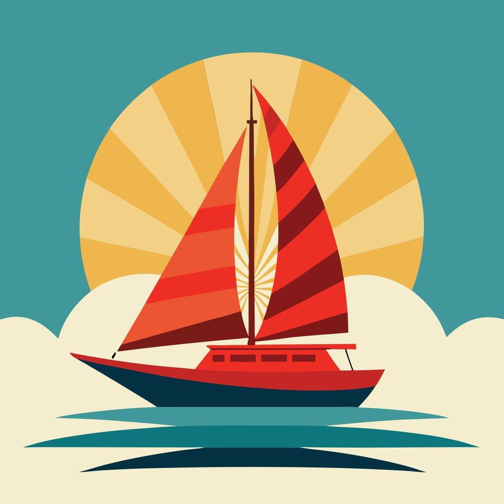 Retro sailboat under layers of sunlight design for creative uses with vibrant retro colors and dynamic styles. vector