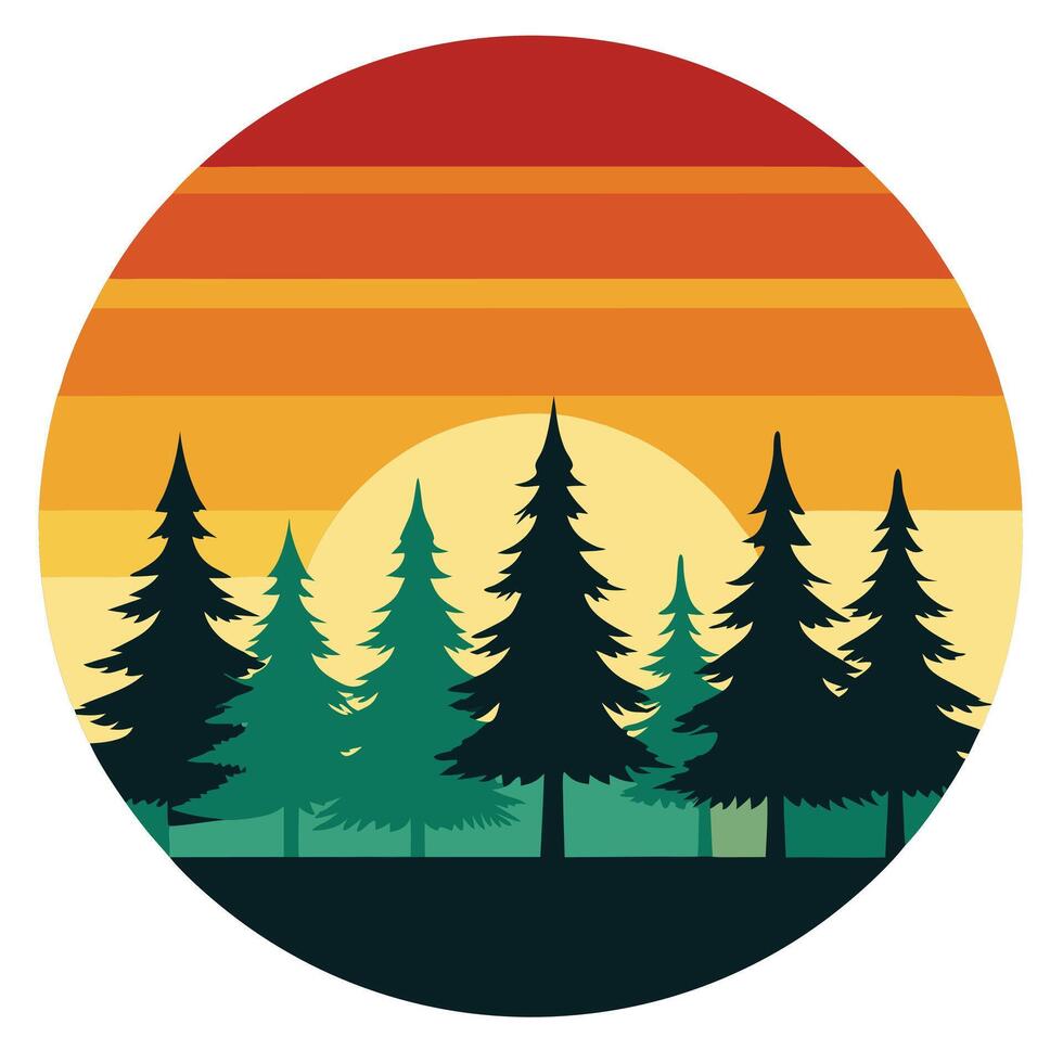 Retro pine forest silhouette in gradient circle design for creative uses with vibrant retro colors and dynamic styles. vector