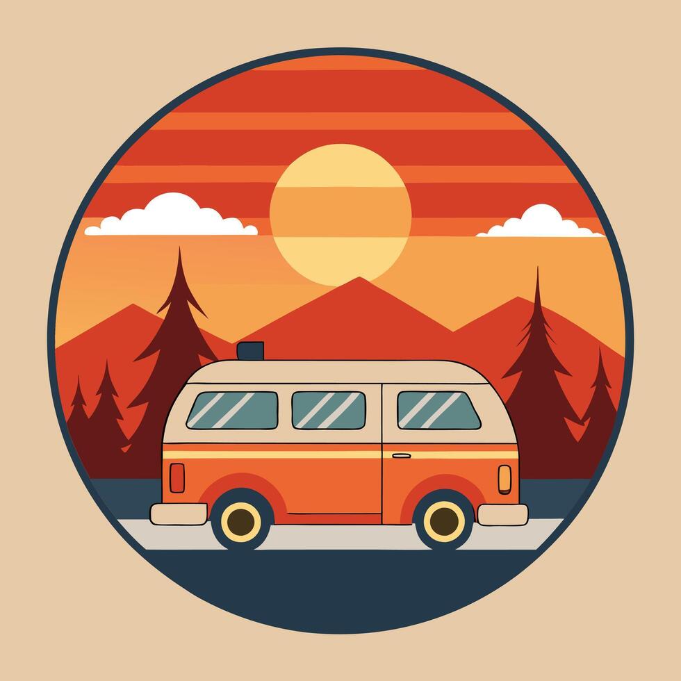 Retro camper in a circle sunset landscape design for creative uses with vibrant retro colors and dynamic styles. vector