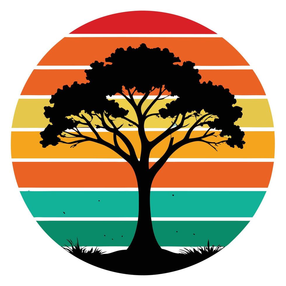 Silhouette of a tree on a distressed retro horizo design for creative uses with vibrant retro colors and dynamic styles. vector