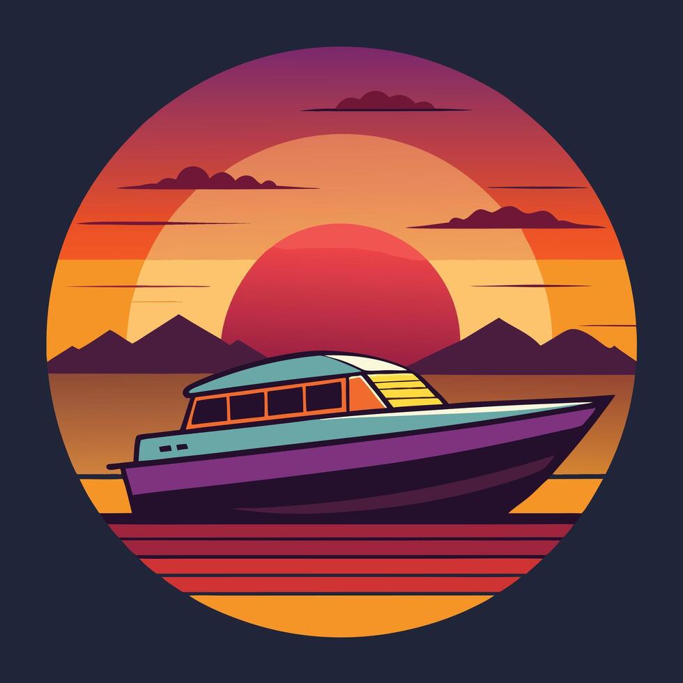 Retro motorboat in a sunset horizon scene design for creative uses with vibrant retro colors and dynamic styles. vector