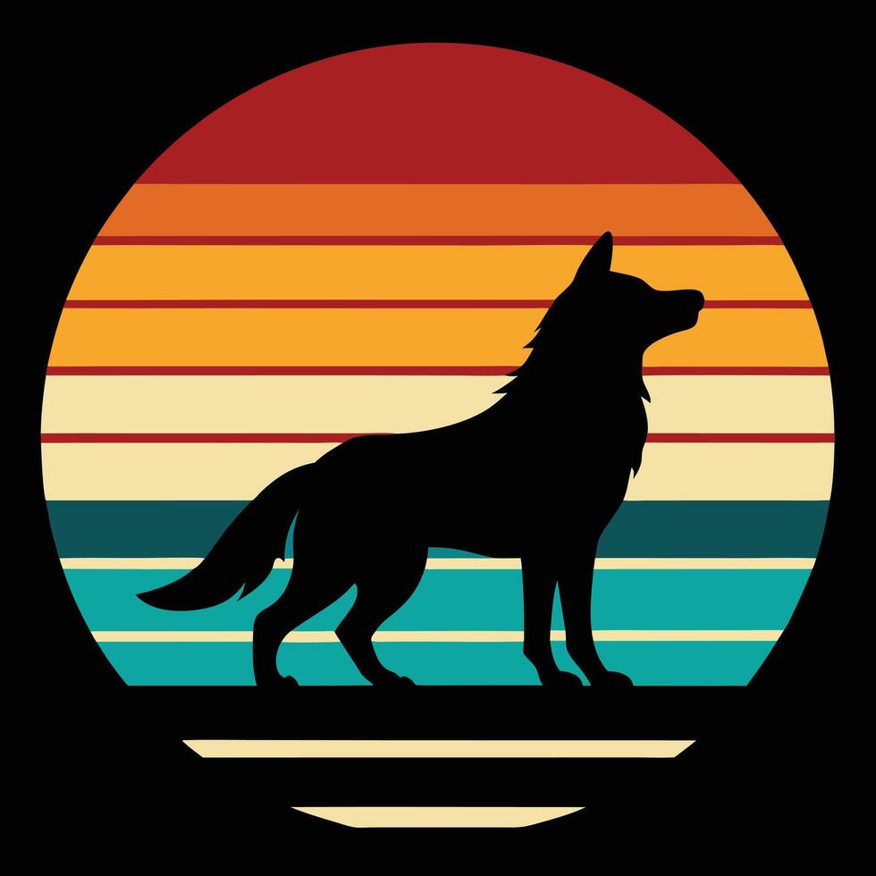 Wolf silhouette on retro moon and stripes design for creative uses with vibrant retro colors and dynamic styles. vector