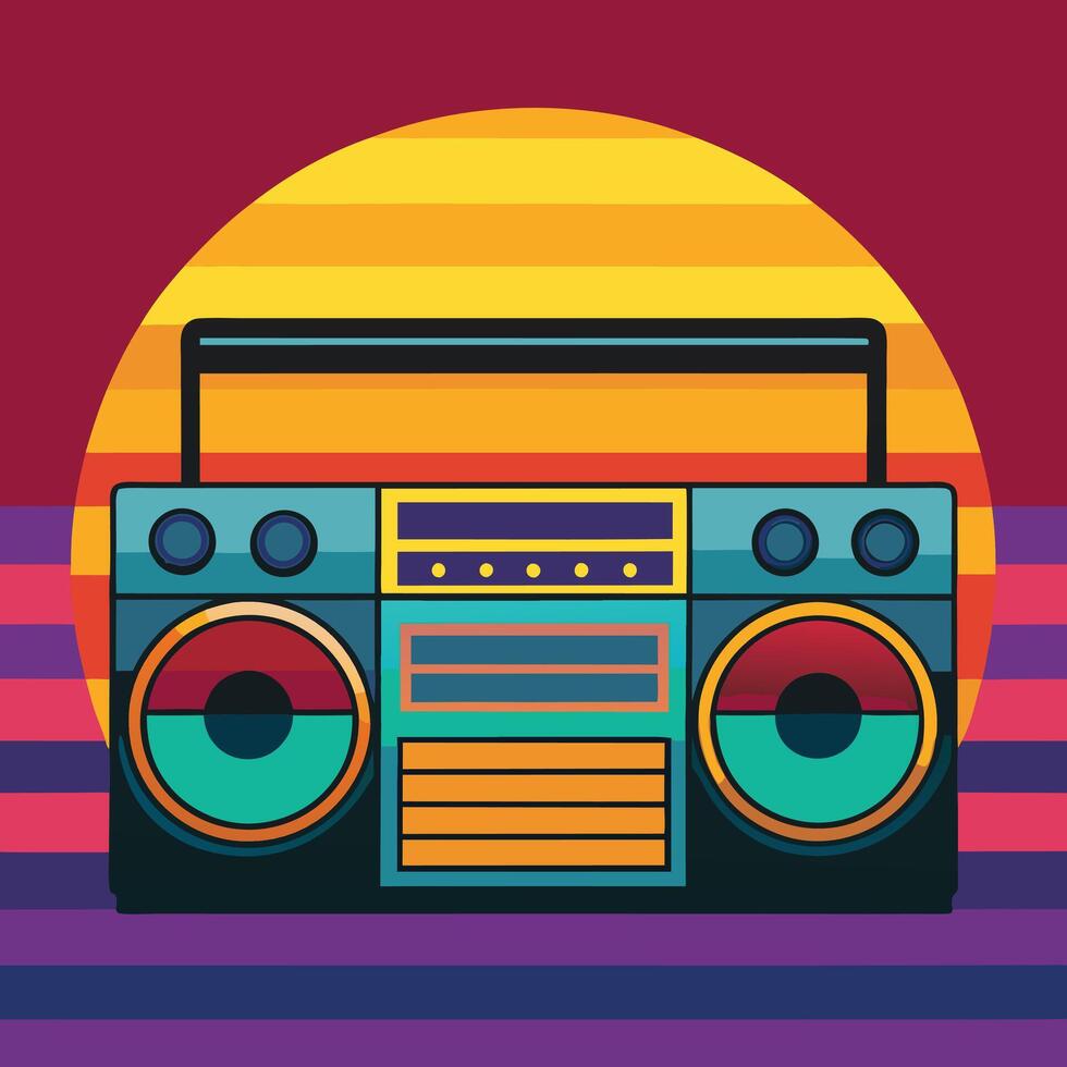 Retro boombox with gradient stripe background design for creative uses with vibrant retro colors and dynamic styles. vector