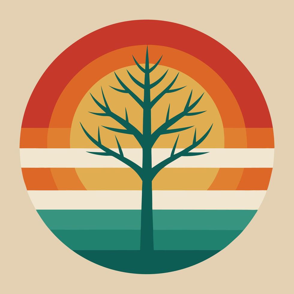 Minimalist tree with a retro sun circle behind design for creative uses with vibrant retro colors and dynamic styles. vector