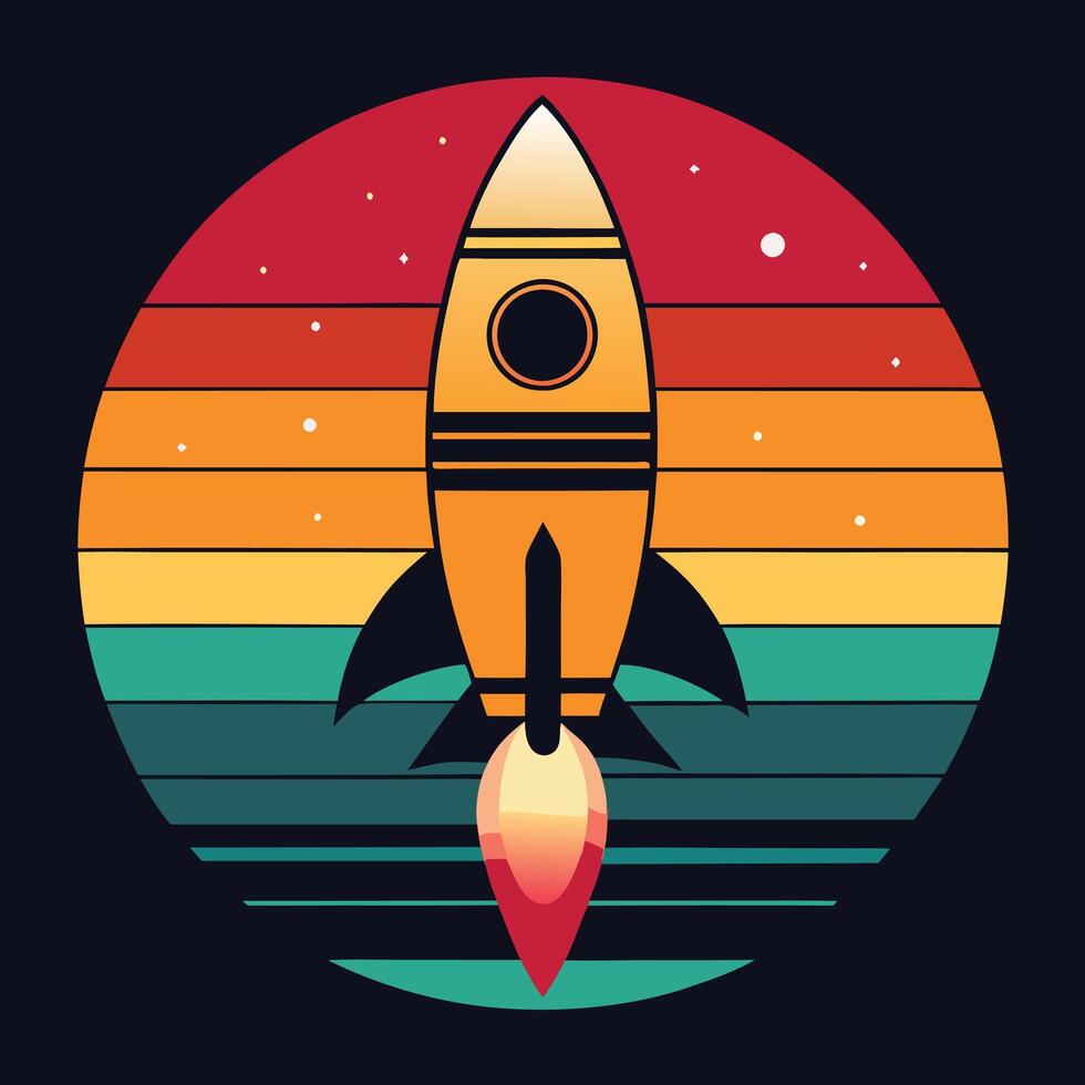 Retro rocket silhouette in outer space gradient design for creative uses with vibrant retro colors and dynamic styles. vector