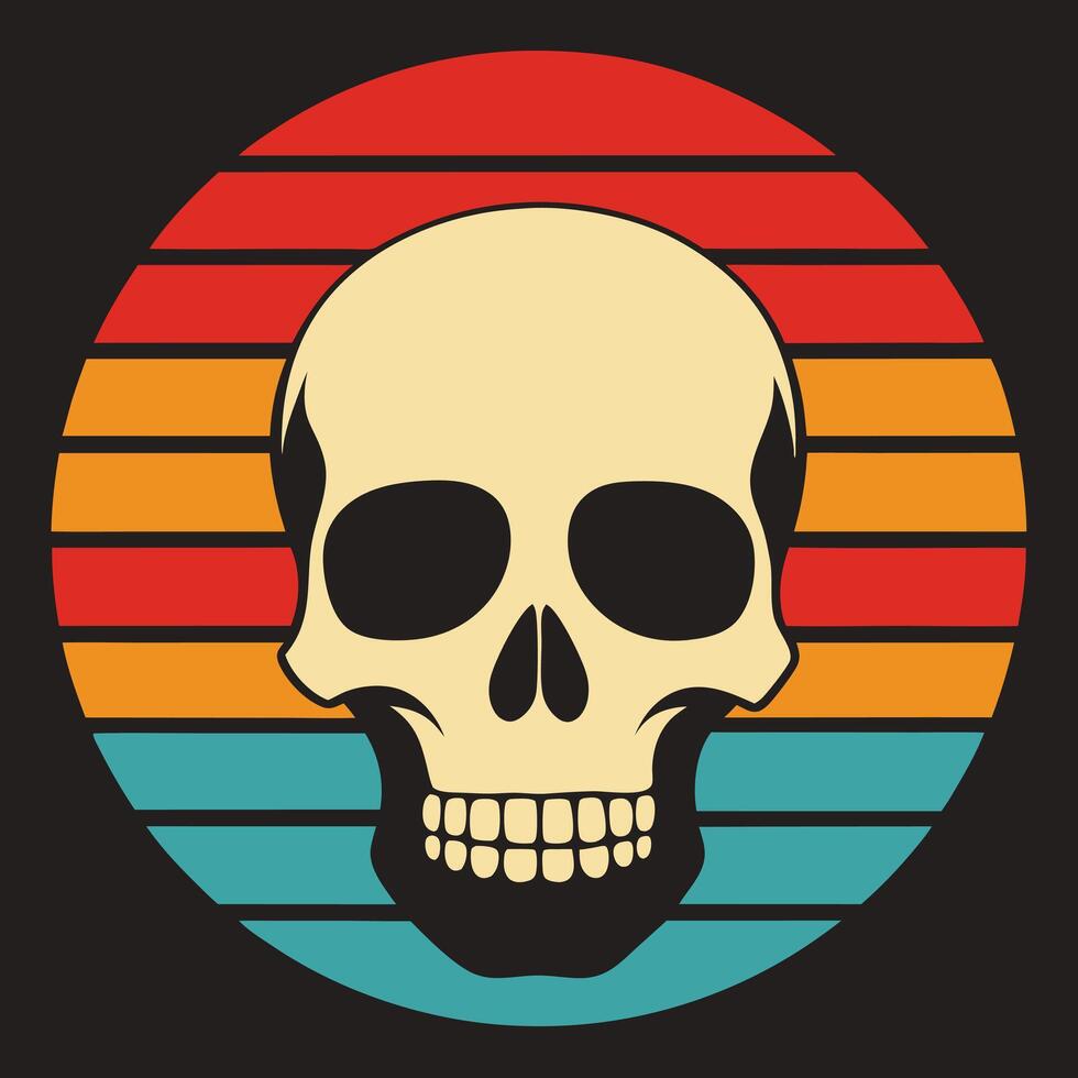Retro skull silhouette on striped horizon backgro design for creative uses with vibrant retro colors and dynamic styles. vector