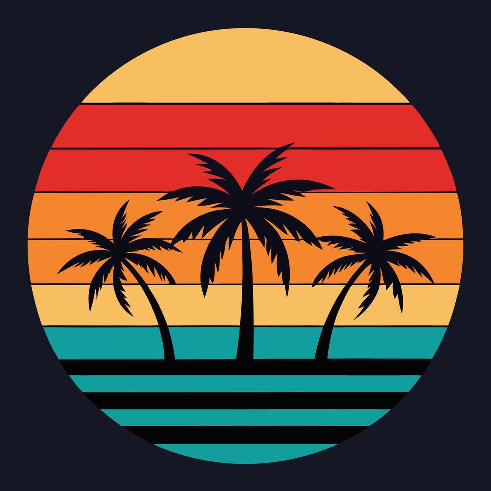 Retro sun layers over palm trees design for creative uses with vibrant retro colors and dynamic styles. vector