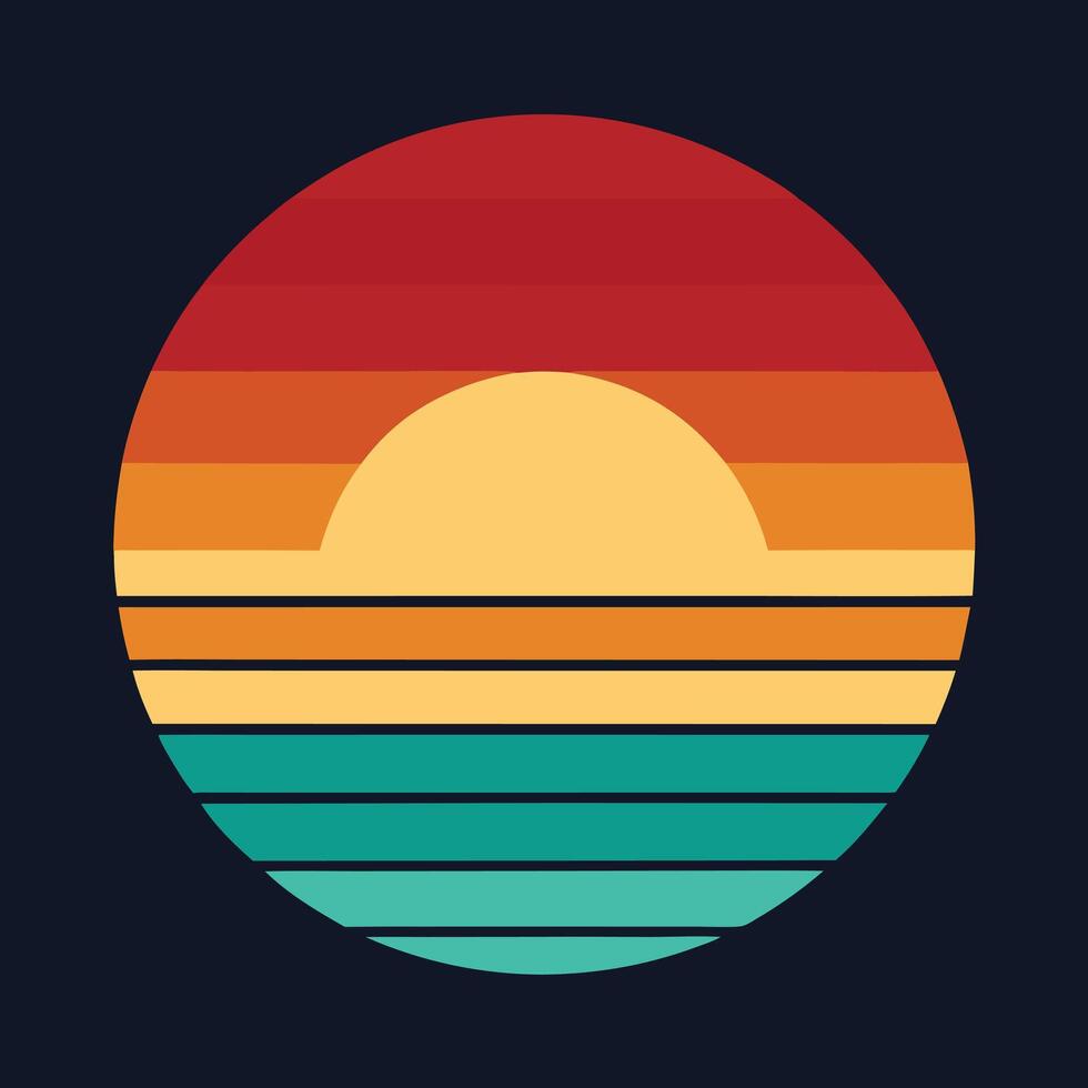Retro sunset with layers of ocean waves design for creative uses with vibrant retro colors and dynamic styles. vector