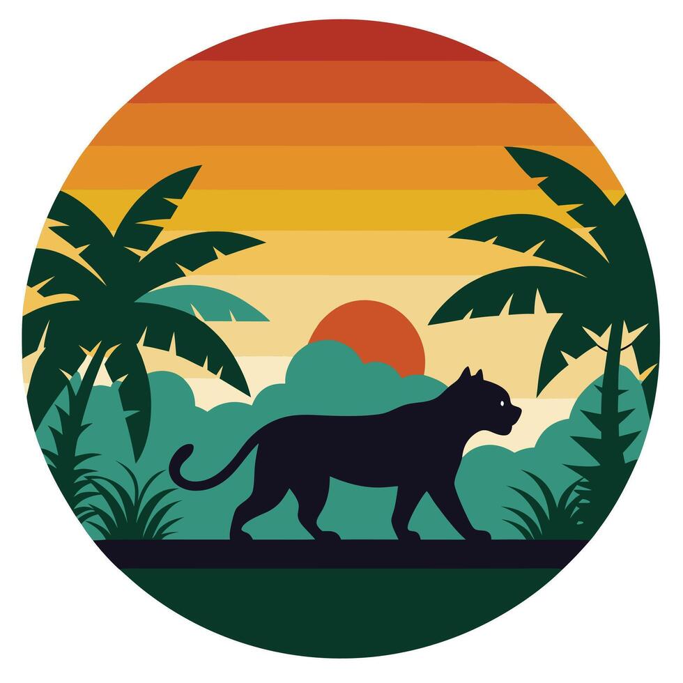 Tiger silhouette in jungle retro circle scene design for creative uses with vibrant retro colors and dynamic styles. vector