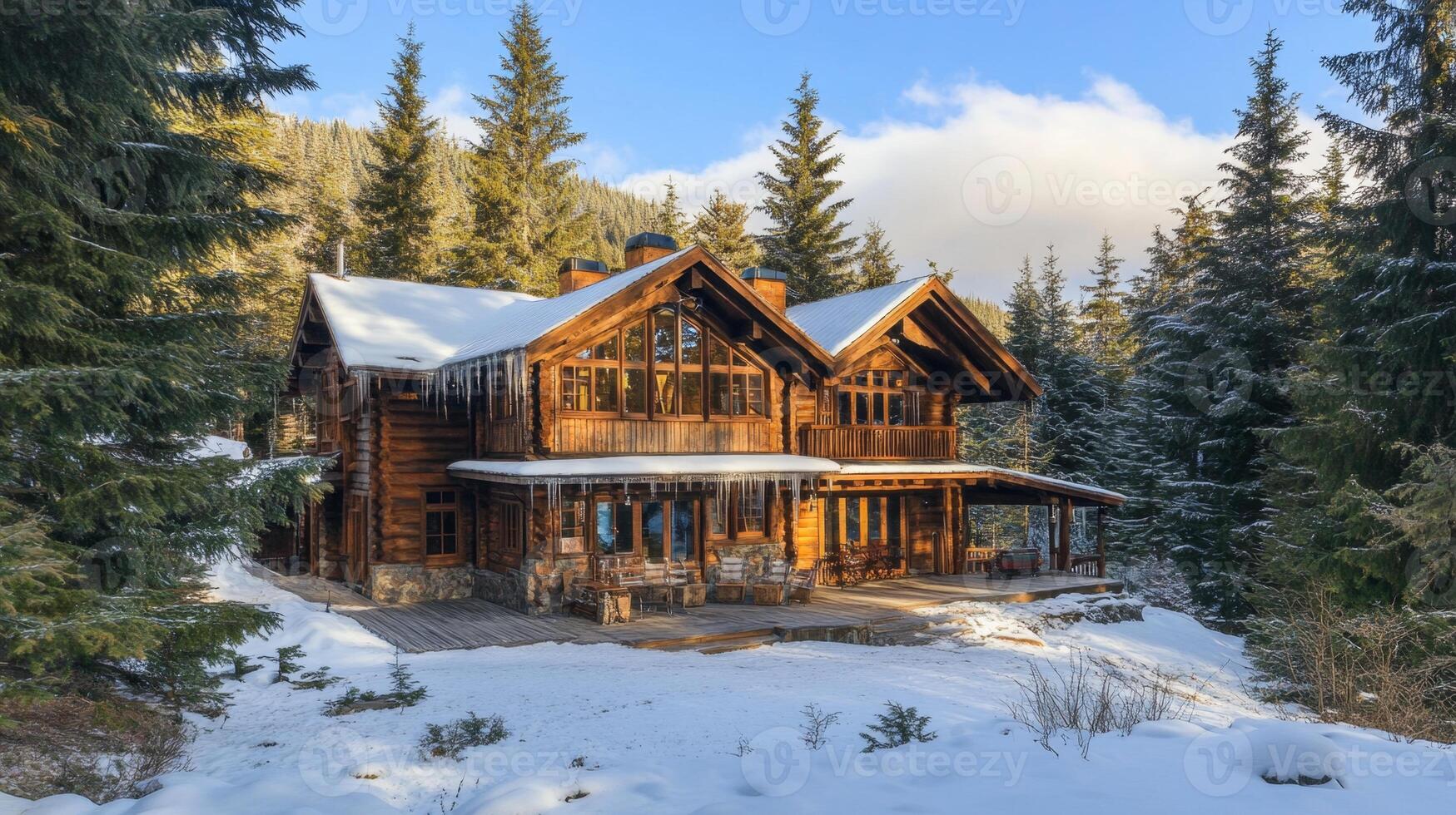Stunning Log Cabin in a Snowy Forest photo