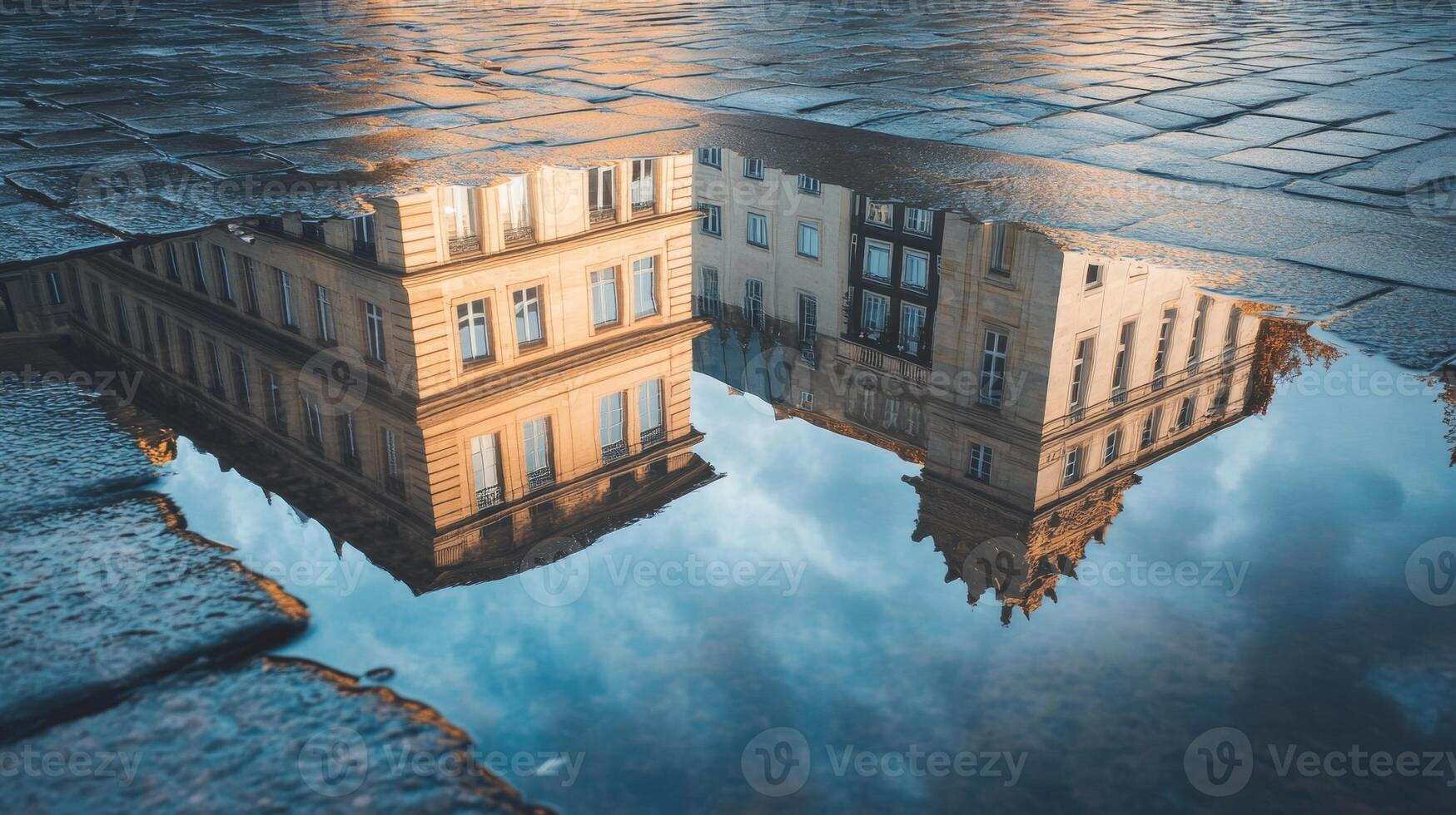 City Buildings Reflected in a Puddle photo