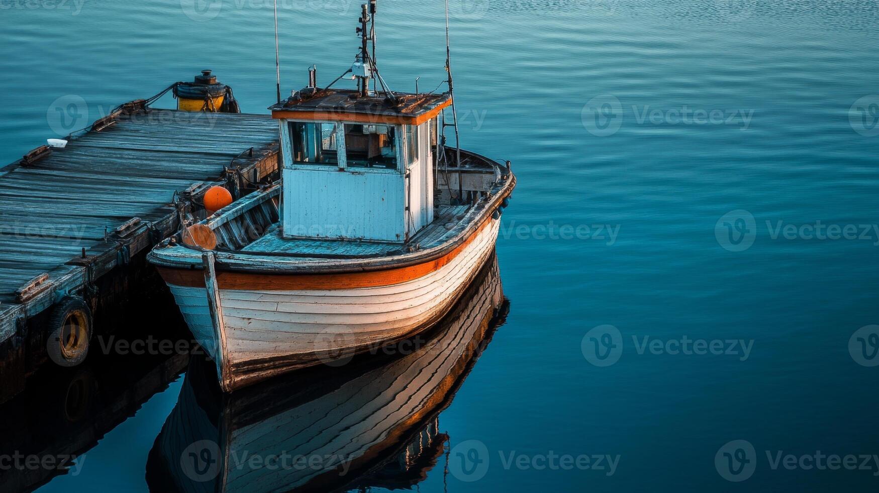 Vintage Fishing Boat at Dock - Tranquil Harbor Scene photo