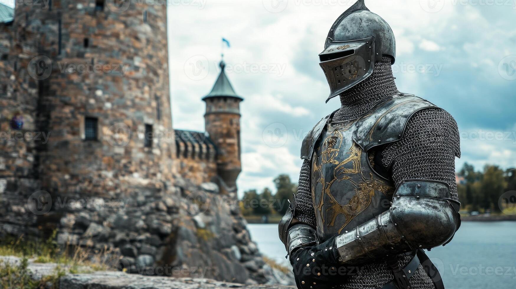 Medieval Knight in Armor by a Castle photo