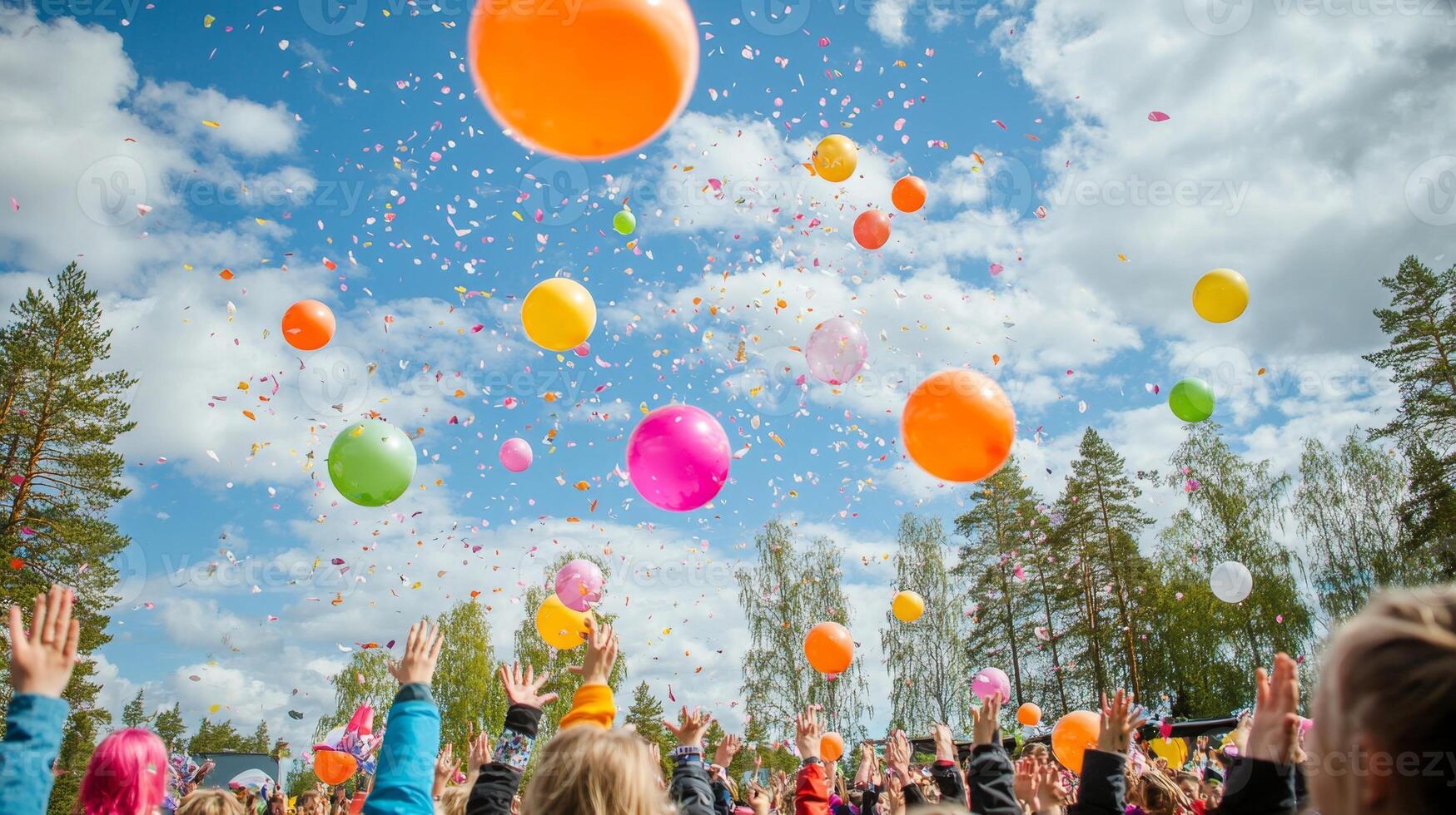 Colorful Balloons and Confetti in the Sky photo