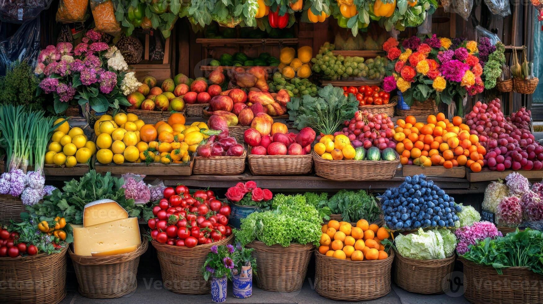 A Colorful Array of Fresh Fruits and Vegetables at a Market photo