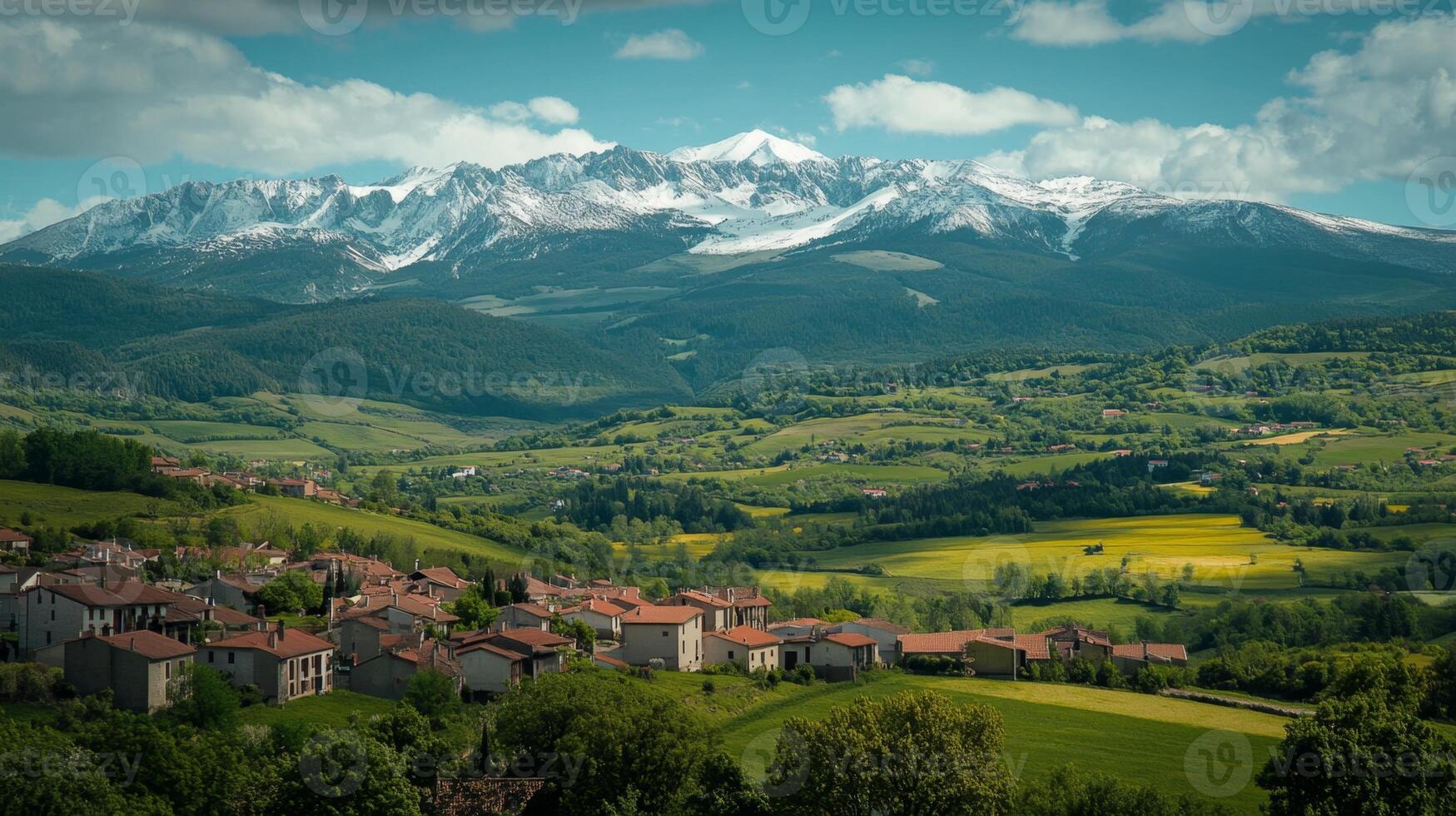 Snow-capped Mountains and a Picturesque Village Valley photo