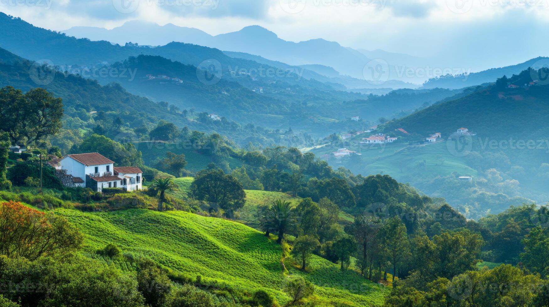 Serene Mountain Valley Landscape with Farmhouse photo
