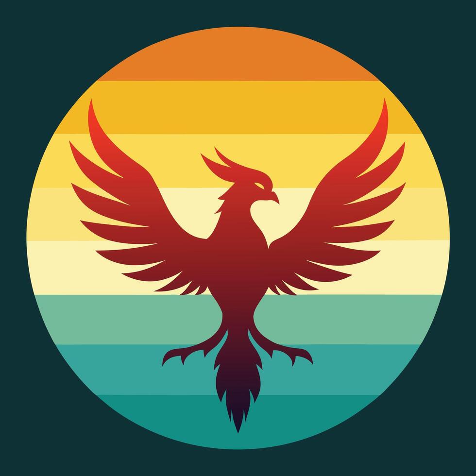 Retro phoenix silhouette on gradient background design for creative uses with vibrant retro colors and dynamic styles. vector