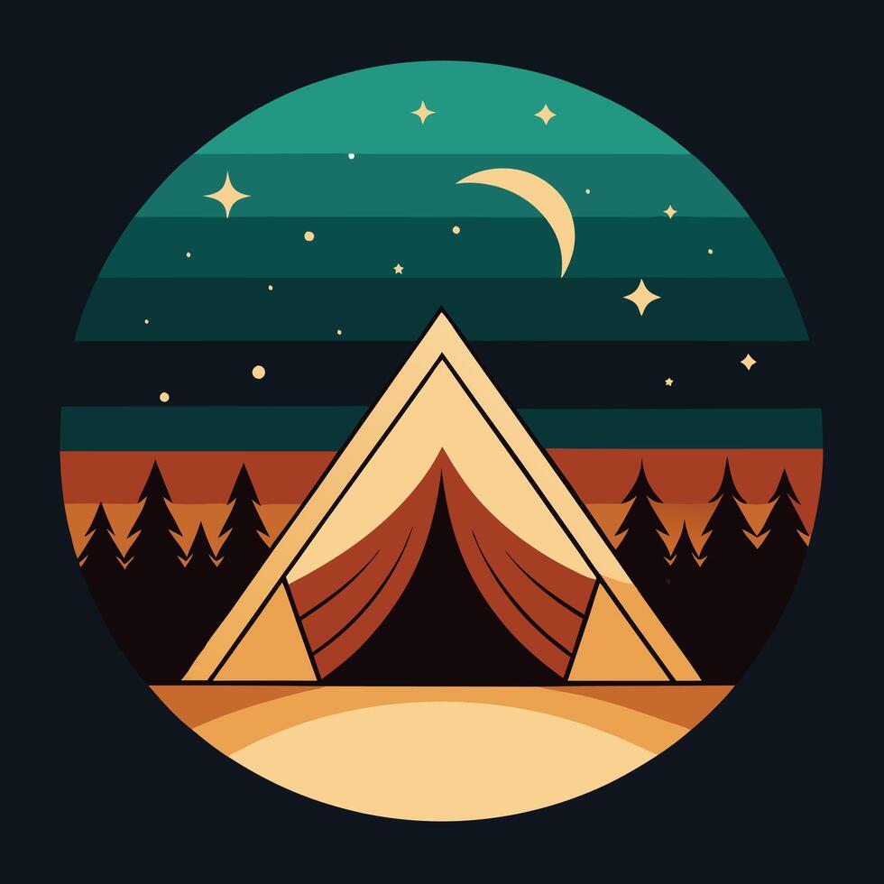 Retro tent silhouette under a starry sky design for creative uses with vibrant retro colors and dynamic styles. vector