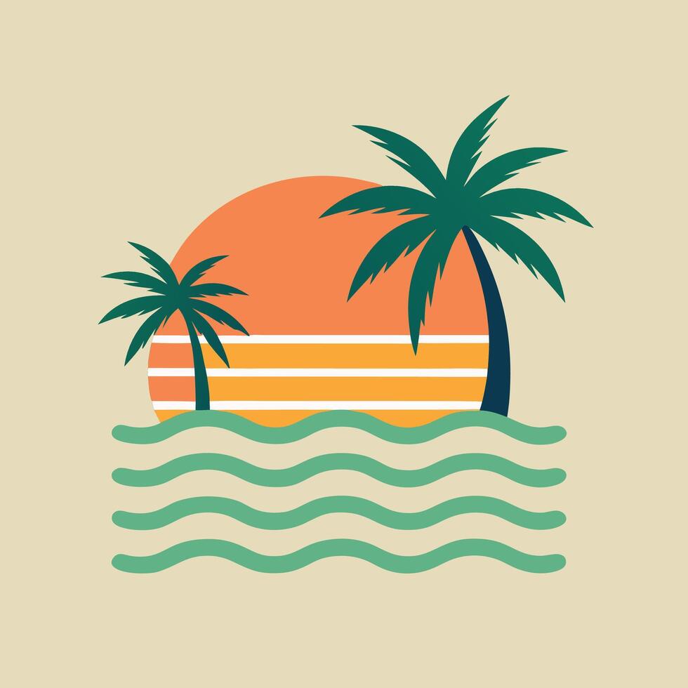 Minimalist retro sun with palm trees and waves design for creative uses with vibrant retro colors and dynamic styles. vector
